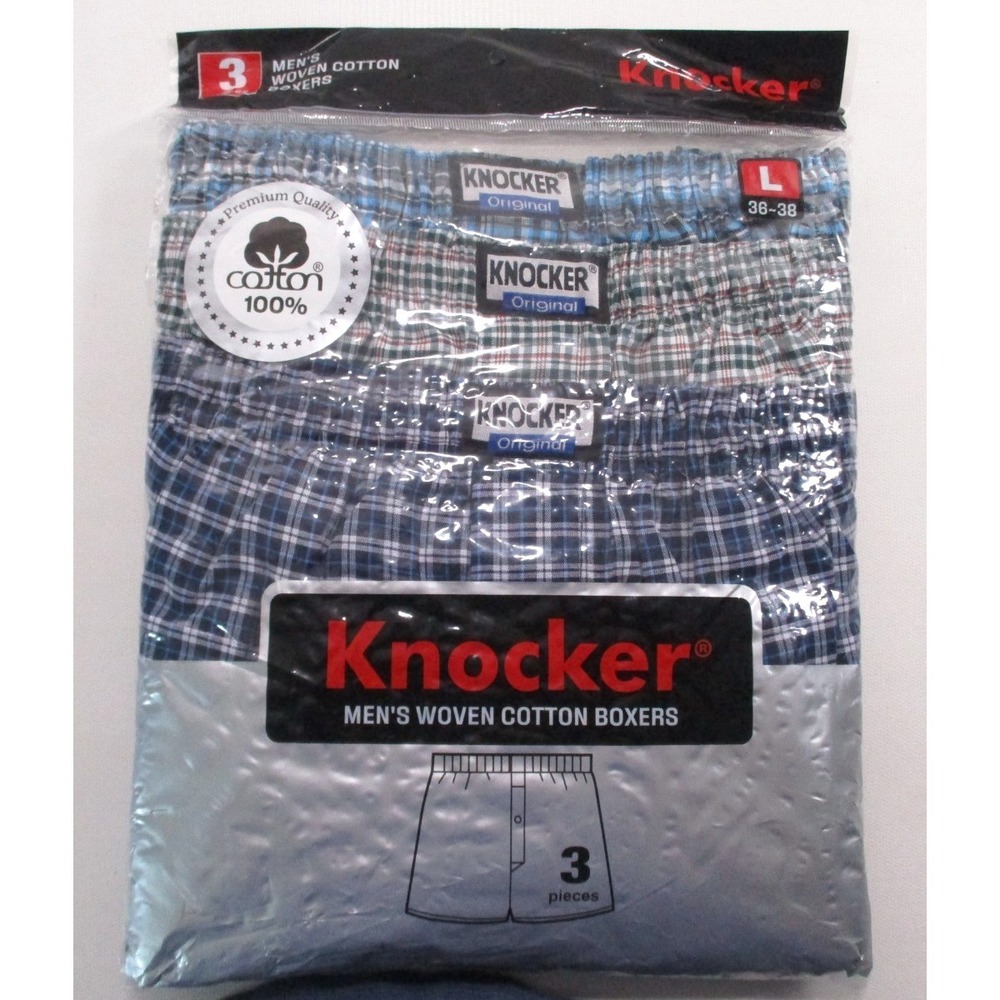 Knocker Men's 3 pair of Plaid 100% Cotton Boxer Shorts Underwear size L NEW